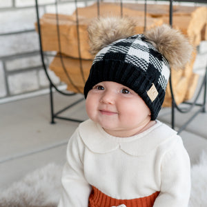 CC Baby and Kids Buffalo Plaid Double Pom Beanies Hats