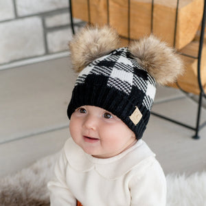 CC Baby and Kids Buffalo Plaid Double Pom Beanies Hats