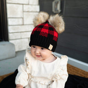 CC Baby and Kids Buffalo Plaid Double Pom Beanies Hats