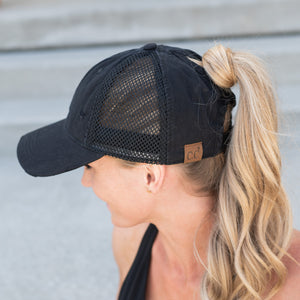 CC Solid Cotton Athleisure Messy Bun Pony Cap Women, Teens and Kids Athletic Hats