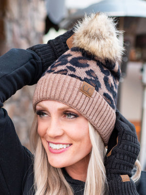 CC Beanie Leopard Hat and Coordinating Glove or Mitten Set