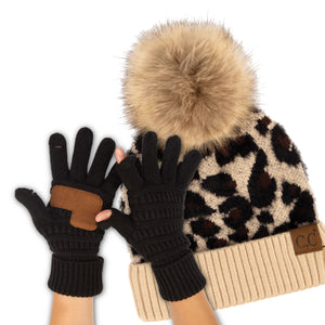 CC Beanie Leopard Hat and Coordinating Glove or Mitten Set