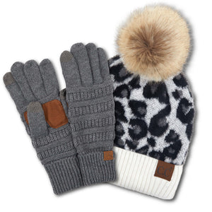 CC Beanie Leopard Hat and Coordinating Glove or Mitten Set