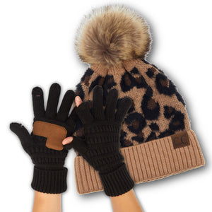 CC Beanie Leopard Hat and Coordinating Glove or Mitten Set