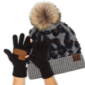 CC Beanie Leopard Hat and Coordinating Glove or Mitten Set